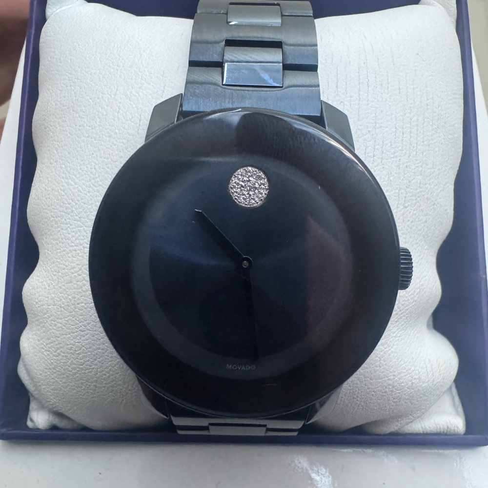 Movado Black Stainless Steel Minimalist Watch with Silver Dot